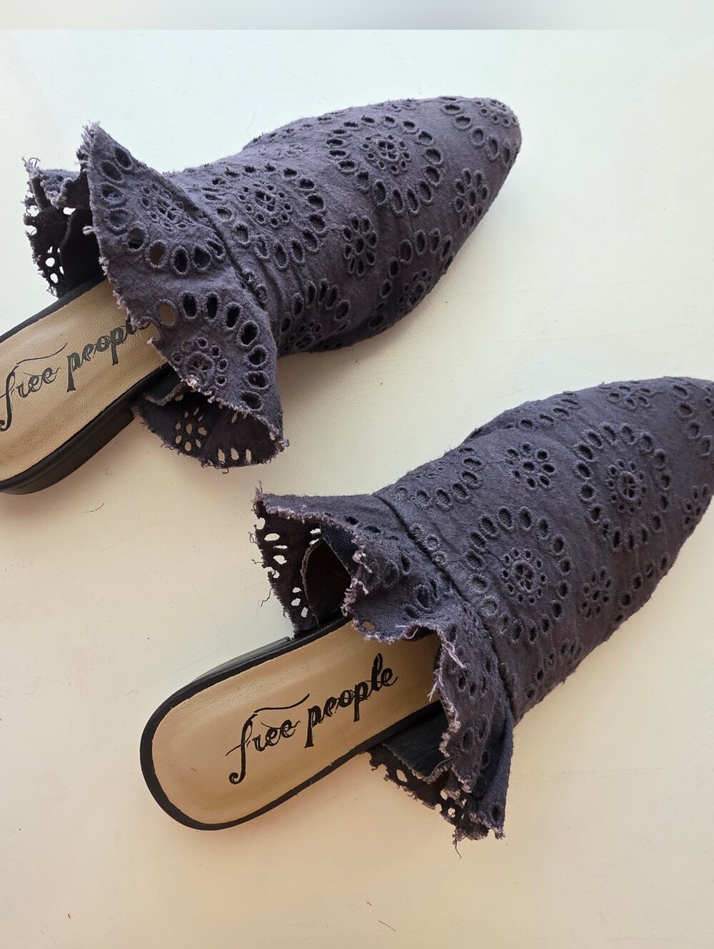 Free People Black Sienna Eyelet Mule Pointed Slip-On Flats Women US 6.5 / EU 37